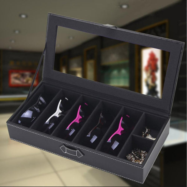 Wooden Black PU Leather Sunglasses Organizer